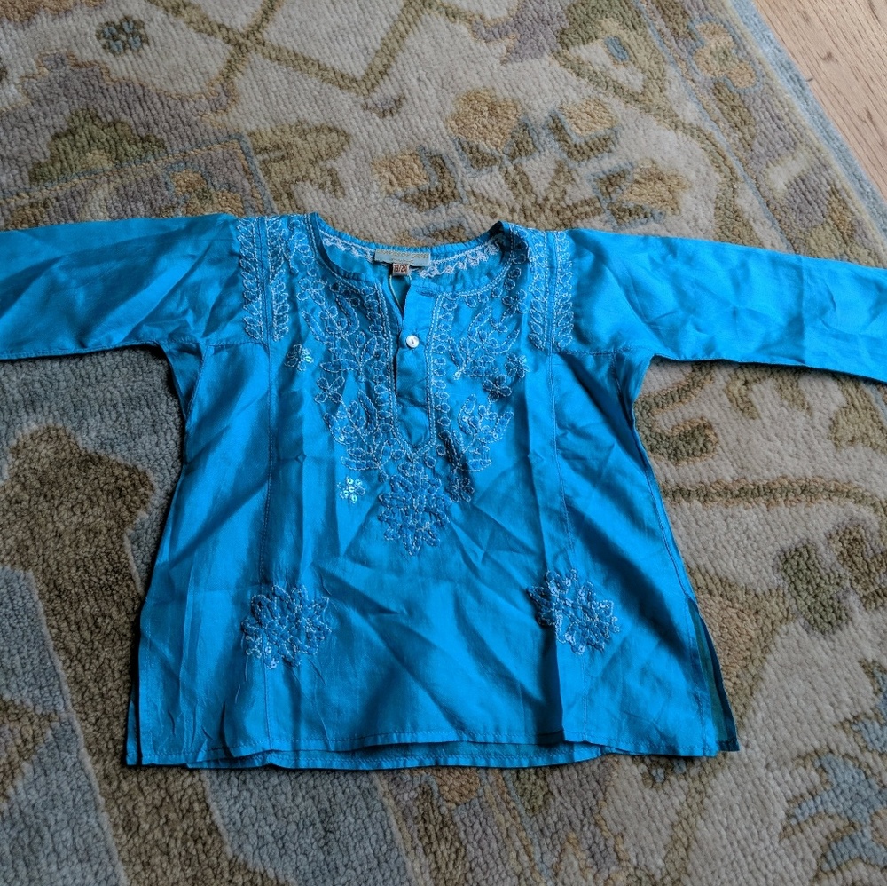 Leaves of Grass sequin shirt top kurta silk blue